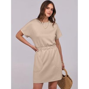 FOXA Womens Casual Short Sleeve Crew Neck <b>Elastic</b> Waist Mini T Shirt <b>Dress</b> With Pockets Daily Wear 100 Cotton Knitted Loose - Product Image 3