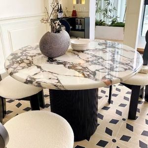 French marble stone tabletop cream-style full-bottom dining <b>table</b> elegant retro round design ideal for <b>small</b> homes - Product Image 2