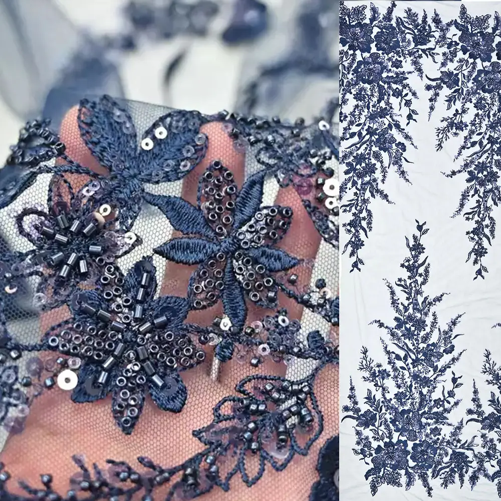 Factory african custom elegant navy blue with bead and sequins flower vintage embroidery lace fabric 2022