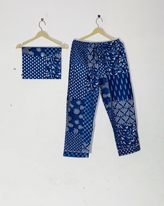 Pyjama 100% coton biologique, motif bleu, imprimé à la main, ensemble de pyjama pour femmes, prix de gros - Product Image 3