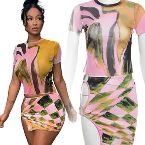2024 Latest Design Sexy Mesh Set See Through T Shirt Short Sleeve Crop Top Bodycon Hollow Mini Skirt 2 Piece Set Women