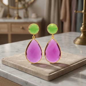Ensemble de boucles d'oreilles en laiton plaqué or 18 carats avec double rubis violet et vert, magnifiques boucles d'oreilles pour femmes et filles - Product Image 2
