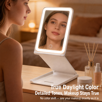 Miroir de maquillage pliable à LED, miroir de maquillage rechargeable, tactile, à intensité variable, 3 couleurs de lumière, miroir cosmétique portable pour chambre à coucher