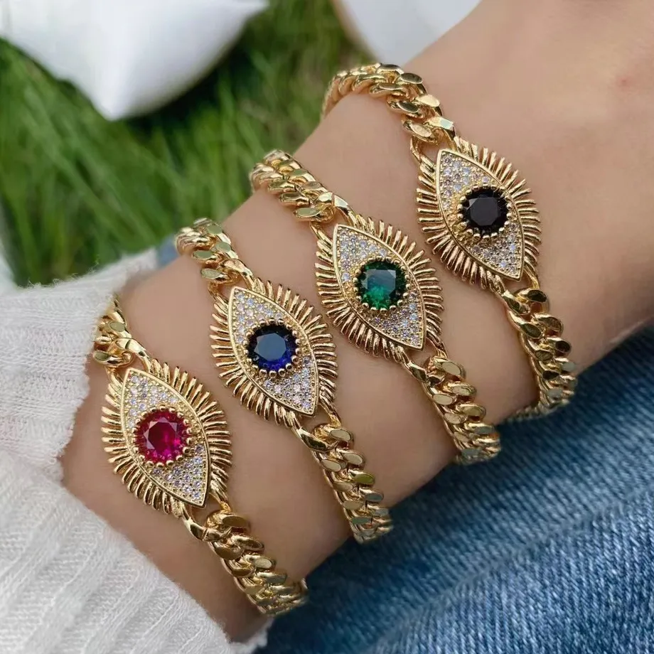 Evil Eyes Jewelry Cuban Link Chain Crystal Bracelet Rose Gold Plated Blue Evil Eyes Bracelet Necklace for Women