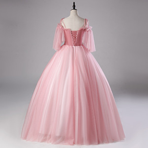 Pink Off The Shoulder Ball Gown Chiffon Prom Dress With Floral Embroidery Empire Waistline - Product Image 4
