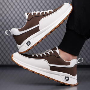 Men's Chunky Sneakers <b>White</b> Brown Leather <b>Lace</b>-Up Casual Shoes Thick Sole Trendy Fashion 2024 Autumn Winter Wear - Product Image 3