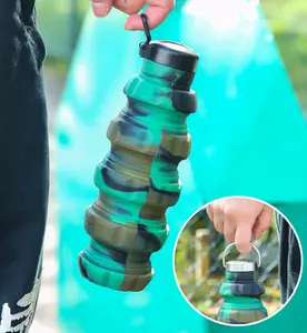 紧身便携式运动水壶硅胶挤压折叠瓶硅胶瓶可伸缩带吸管库存