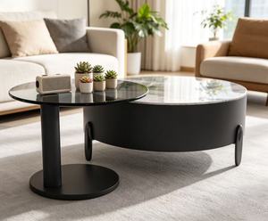 Modern Round <b>Coffee</b> <b>Table</b> <b>Set</b> Tempered Glass Top Metal Frame Storage Drawer Living Room Furniture - Product Image 4