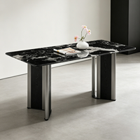 Table à manger rectangulaire de luxe, plateau en pierre microcristalline, placage en bois, base en acier inoxydable, mobilier moderne