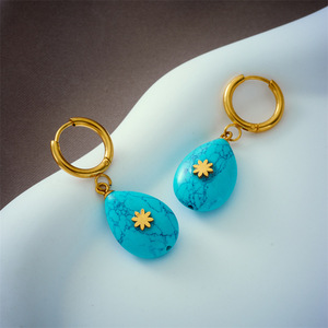 Teardrop Turquoise Dangle Earrings Gold Plated Stainless Steel Drop Earrings Gift Fashion Jewelry - Product Image 3