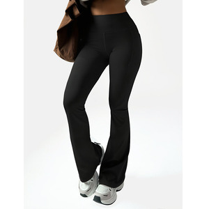 Pantalon de yoga évasé taille haute pour femme, coupe <span class=keywords><strong>bootcut</strong></span>, couleur pêche unie, <span class=keywords><strong>leggings</strong></span> élastiques à effet push-up, jambe large - Product Image 4