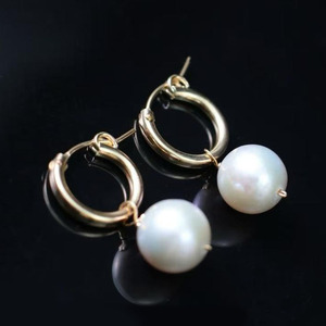 ต่างหูห่วงแบบสั่งทำพิเศษ งานแฮนด์เมด นำเข้าจากสหรัฐอเมริกา ทอง 14K ชุบทอง ประดับมุก Edison ธรรมชาติ เงางาม ขนาด 10-11 มม. - Product Image 1