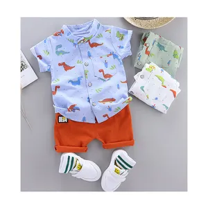 Zomer Peuter Kleding Blauwe Knoop Shirts Top Oranje Shorts Cartoon Dinosaurus Print Jongen Outfit Baby Kleding Pak Sets 0-3 Jaar