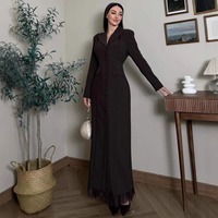 RO998 Vêtements islamiques de luxe pour femmes, Blazer à col, faux boutons, manches longues, ourlet à franges, Abaya, robe de bureau décontractée et élégante