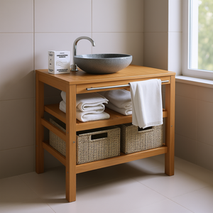 Solid Teak Brown Bathroom <b>Vanity</b> Cabinet 29.1 X 17.7 X 29.5 With 2 Baskets <b>Rustic</b> Style Floor Standing - Product Image 2