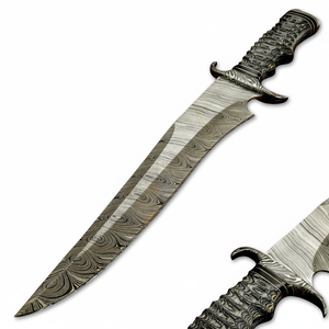Cuchillo Bowie de Acero de Damasco Hecho a Mano - Cuchillo de Caza Profesional con Funda de Cuero, Empuñadura Ergonómica de Madera, Regalo Ideal - Product Image 1
