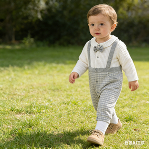 Traje de Caballero para Bebé Niño, Mono de Manga Larga a Cuadros con Corbata de Moño y Tirantes, Diseño para Ropa Formal Infantil - Product Image 2