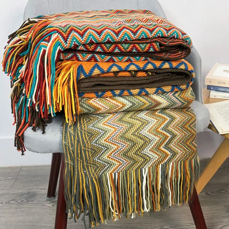 Tuikish couverture tricotée glands franges bohème décoration salon tapisserie tissée chaude tapis de canapé en coton coloré