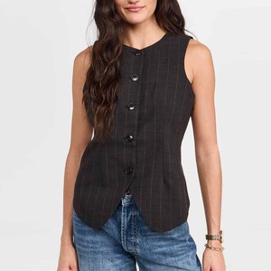 Produttori di abbigliamento personalizzato primavera estate autunno stampa gessata senza maniche abbottonatura a bottone girocollo - Product Image 2