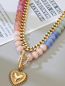 Conjunto de Collar con Colgante de Corazón de Oro y Cuentas de Piedras Preciosas Coloridas, Cadena Cubana de <span class=keywords><strong>Acero</strong></span> <span class=keywords><strong>Inoxidable</strong></span>, Joyería de Playa Resistente al Agua - Product Image 1