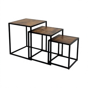 Industrial Style Metal & Wood Coffee <b>Table</b> with Nested Design Black Finish Living Room Furniture Nested <b>Stools</b> - Product Image 2