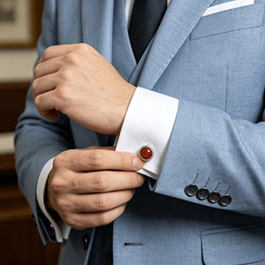 Mancuernillas Personalizadas con Piedra Ojo de Gato Roja para Hombre, Mancuernillas Redondas Plateadas para Camisa Formal de Negocios, Regalos para Novios - Product Image 4