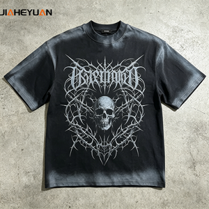 Streetwear Vintage Washed Graphic Tee Sun Faded Acid Wash Oversized Skull Print Gothic T-Shirt Retro Y2K Heavyweight Cotton <strong>Top</strong> - Product Image 1