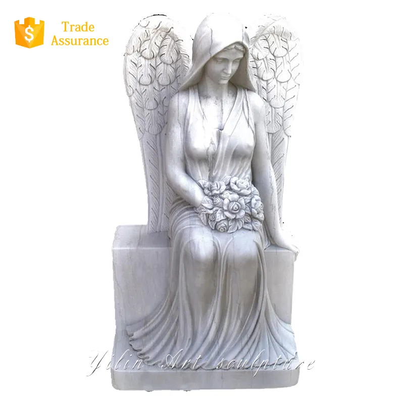 石の彫刻白い石の大理石のしだれ天使の像墓石と墓地の記念碑