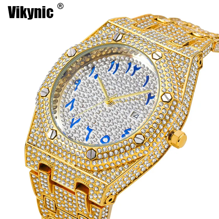 New design Japanese Quartz Movement Blue Arabic Number Dial full crystal Diamond Luxury men wrist watch