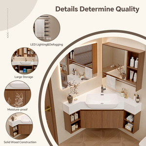 Meuble de salle de bain d'angle avec lavabo 68-108 pouces, meuble de salle de bain moderne à lavabo unique avec miroir et rangement, meuble de salle de bain <span class=keywords><strong>en</strong></span> bois massif - Product Image 2