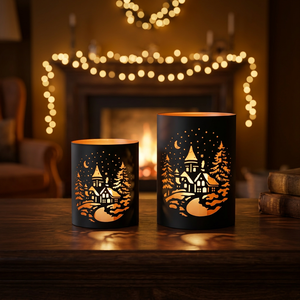 Soporte para Velas Navideñas Negro de Sonnet Decor, Escena de Pueblo Nevado en Relieve, Hierro Hecho a Mano, Resistente al Calor, Decoración para el Hogar - Product Image 1