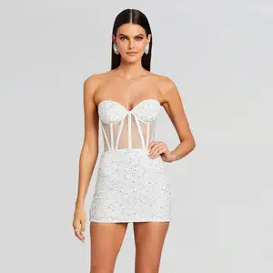 Yeni varış yaz elbisesi seksi kısa sıkı Mini elbise pullu Sheer kapalı omuz bandaj elbiseler kadınlar için