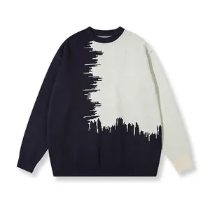 Kustom Colorblock Labelable populer Crew Neck Pullover pria kasual Sweater gaya kuliah warna Clash Top