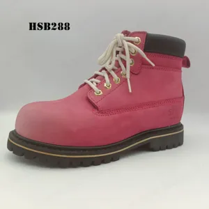 LXG,fashion pink color with steel toe anti-puncture safety boots middle-cut lace up style women work boots HSB288