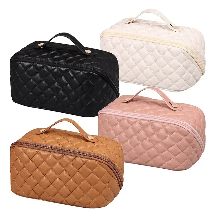 Custom Women Portable Handle Quilted Stitching Roomy Cosmetic Case Large Capacity Travel Leather Makeup Bag with Divider