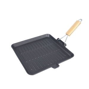 Sartén de hierro fundido cuadrada portátil para camping, compatible con cocinas de inducción, precurada, con ranuras, para asar, con base de madera extraíble - Product Image 2