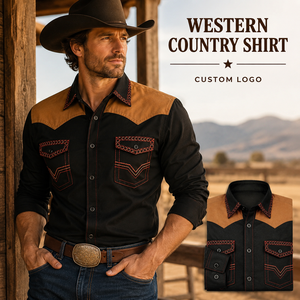 Chemise Western Homme Style Country avec Contre-pan Contrastant Brodé Double Poche Manches Longues Chemise de Cowboy Ranch Logo Personnalisé - Product Image 1