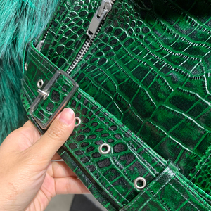 Chaqueta de Cuero Verde para Motociclista, Chaqueta de Cuero con Mangas de Piel Auténtica para Mujer - Product Image 3