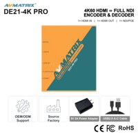 AVMATRIX DE21-4K PRO Encodeur-Décodeur NDI 4Kp60 HDMI vers NDI Pleine Bande YCbCr Alimentation PoE pour Studio et Production en Direct