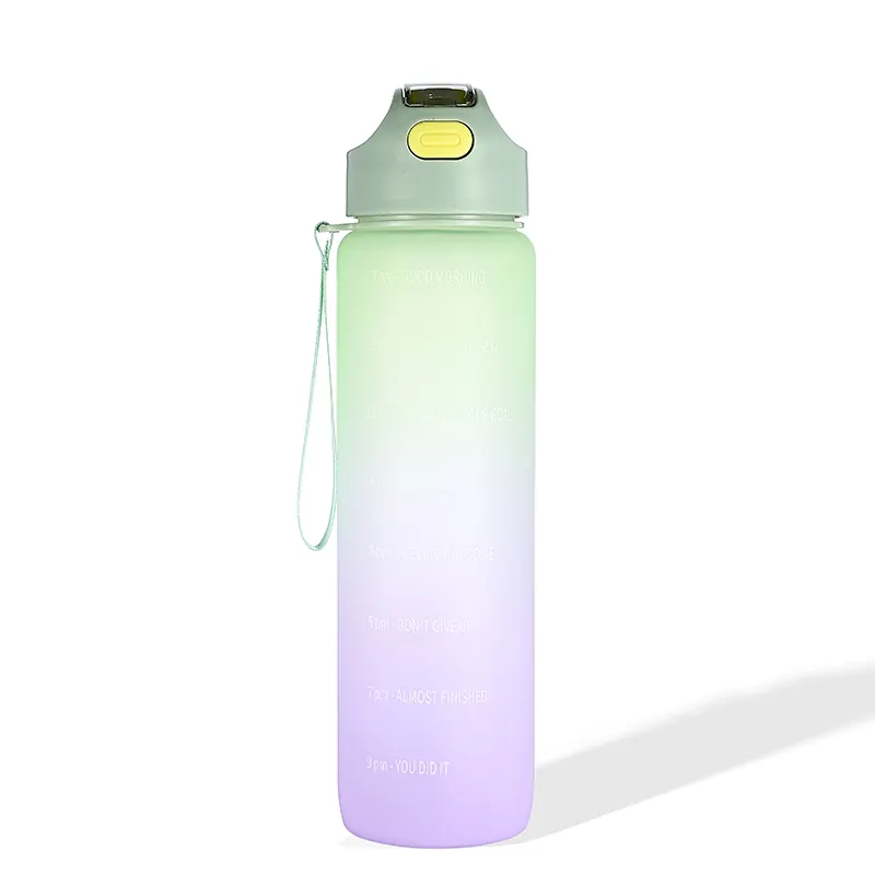 Tritan-botella de agua deportiva sin BPA, de plástico, con tapa de paja y bucle de cuero, venta al por mayor, 1 litro