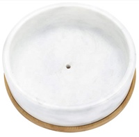Pot de fleurs d'intérieur en marbre blanc de 8 pouces Jardinière de fleurs de cactus avec drainage Base de plateau en bambou amovible Pot de fleurs en marbre
