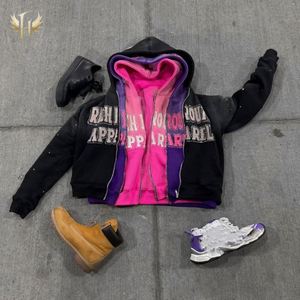 Sudadera con capucha extragrande personalizable OEM para invierno, con logotipo bordado de pedrería, forro polar de algodón 500GSM, cierre de cremallera, corte con borde, lavado ácido, 100% algodón - Product Image 6