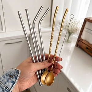 Metal <b>Drinking</b> <b>Straws</b> Set of 5 Reusable Stainless Steel Bar Accessories Minimalist Design Gold and Silver Tones - Product Image 1