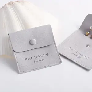 PandaSew Gray Custom Logo Necklace Packaging Bag Microfiber Jewelry PouchとButton