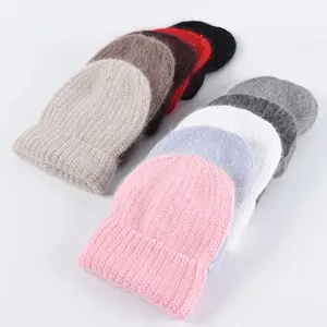 High Quality Fashion Dress Women Winter Hat Thick Warm Angora Rabbit Fur Toques Knitted Cap Solid Colour Winter Beanie Hat
