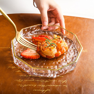 13 بوصة مطرقة نمط الذهب حافة مثمنة جولة شقة واضح الزجاج كعكة طبق عشاء - Product Image 5