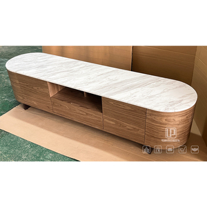 Nuevo Mueble para TV con Base Ovalada y Cajones, con Cubierta de Mármol Blanco y Estructura de Madera Marrón, para Sala de Estar, Estilo Vintage - Product Image 2