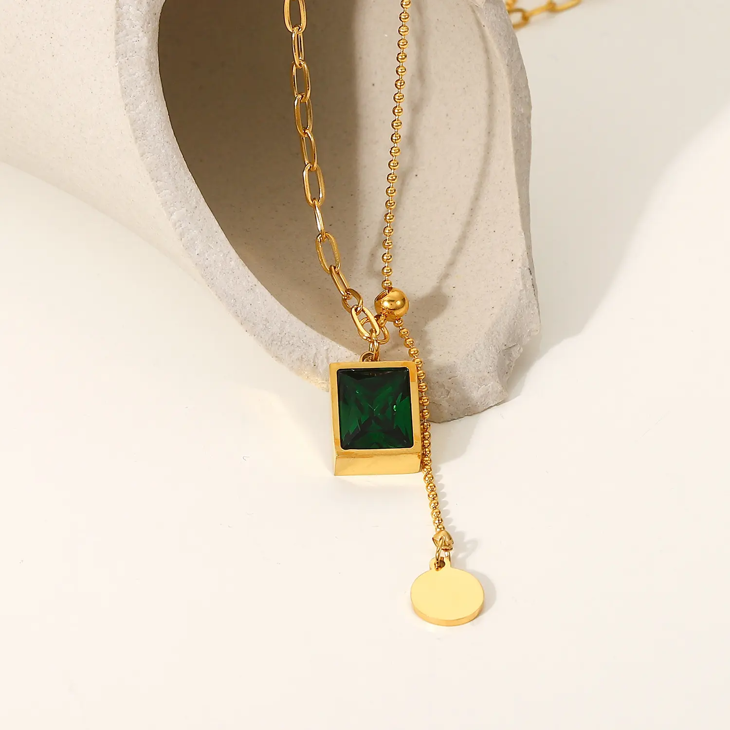 PVD Plated Stainless Steel 14K Gold Plated Necklace Square Green Zircon Pendant Necklace Bead Chain Necklace