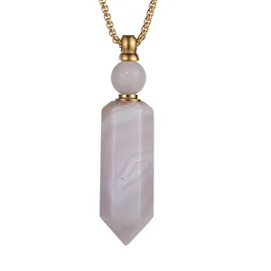 Collier style bouteille de parfum en acier inoxydable, bijoux en quartz, pierre d'agate rayée, cristal, 1 pièce, 2020
