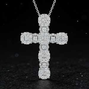 CUSTOM SILVER 10K/14K/18K GOLD PLATED LAB GROWN CVD DIAMOND CLASSIC ENGAGEMENT GIFT SWEATER <b>CHAIN</b> NECKLACE <b>CROSS</b> PENDANT - Product Image 4